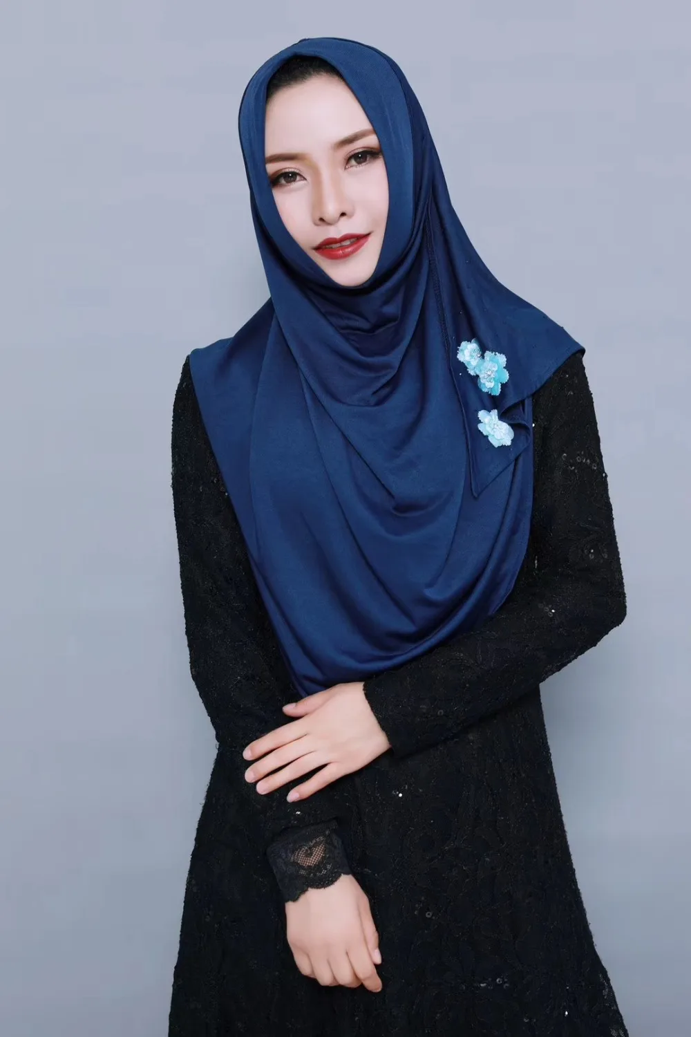Мода мусульманские петли круглый хиджаб красивые цветы гладкие эластичные исламские обертывания бисером сплошной цвет большой размер хиджаб