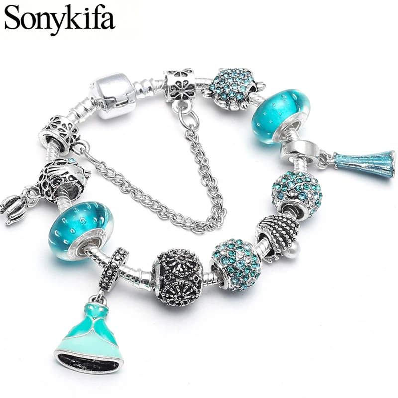 

Sonykifa Summer Style Silver Color Tortoise Beads Charm Bracelets & Bangles with Fish Pendant Pandoro Bracelet for Women Jewelry