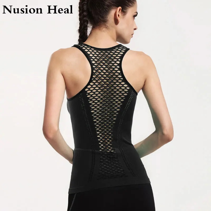 NUSION HEAL Women Yoga Shirts Mesh Shirt Ladies Fitness Running T Shirt Sleeveless Women Yoga Tops Gym Vest Fitness Sport Shirt