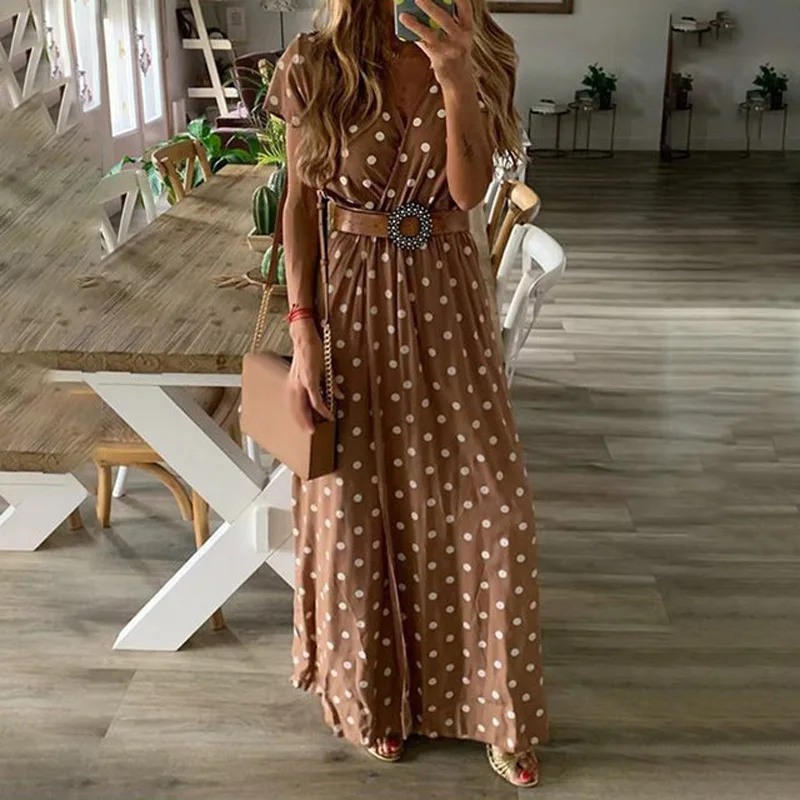 

Women Clothing Fashion Sexy Summer Dress A-line High Waist V-Neck Short Sleeve Printed Dress Party
