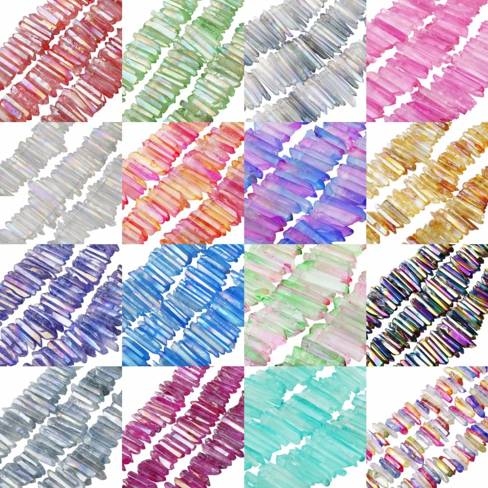 

Natural Rough/Polished Quartz Crystals Points Titanium Coated Sticks Spikes Irregular Top Drilled Loose Beads 15'' Strand