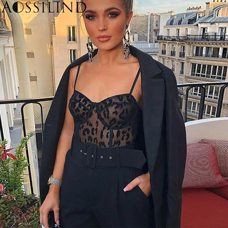 AOSSILIND Spaghetti strap skinny mesh see through leopard print sexy bodysuit summer autumn women backless club bodysuits