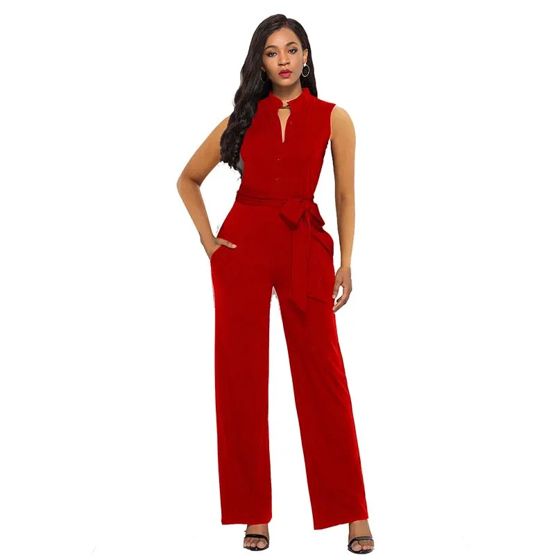 

2019 new spring summer women jumpsuits youth fashion sexy plus size commuter sleeveless system band solid color jumpsuit women
