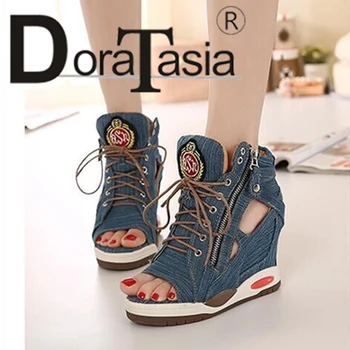 

DORATASIA New Summer Elegant High Heels Denim Sandals Women Platform High Shoes Height Increasing Women Sandals