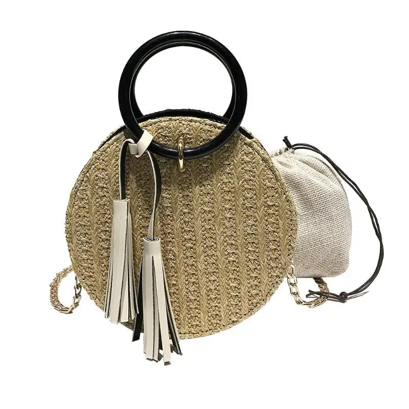 Summer Women bag Round Circle Ring Beach Shoulder Bag Woven Rattan Chain Tassels Messenger ...