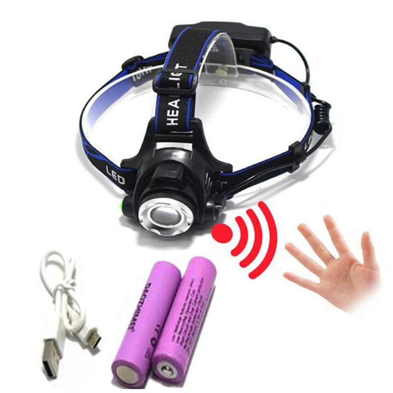 

CREE XM-L T6 3800LM LED IR Sensor Headlamp Induction Micro USB Rechargeable Headlight 18650 flashlight head light lamp+2x18650