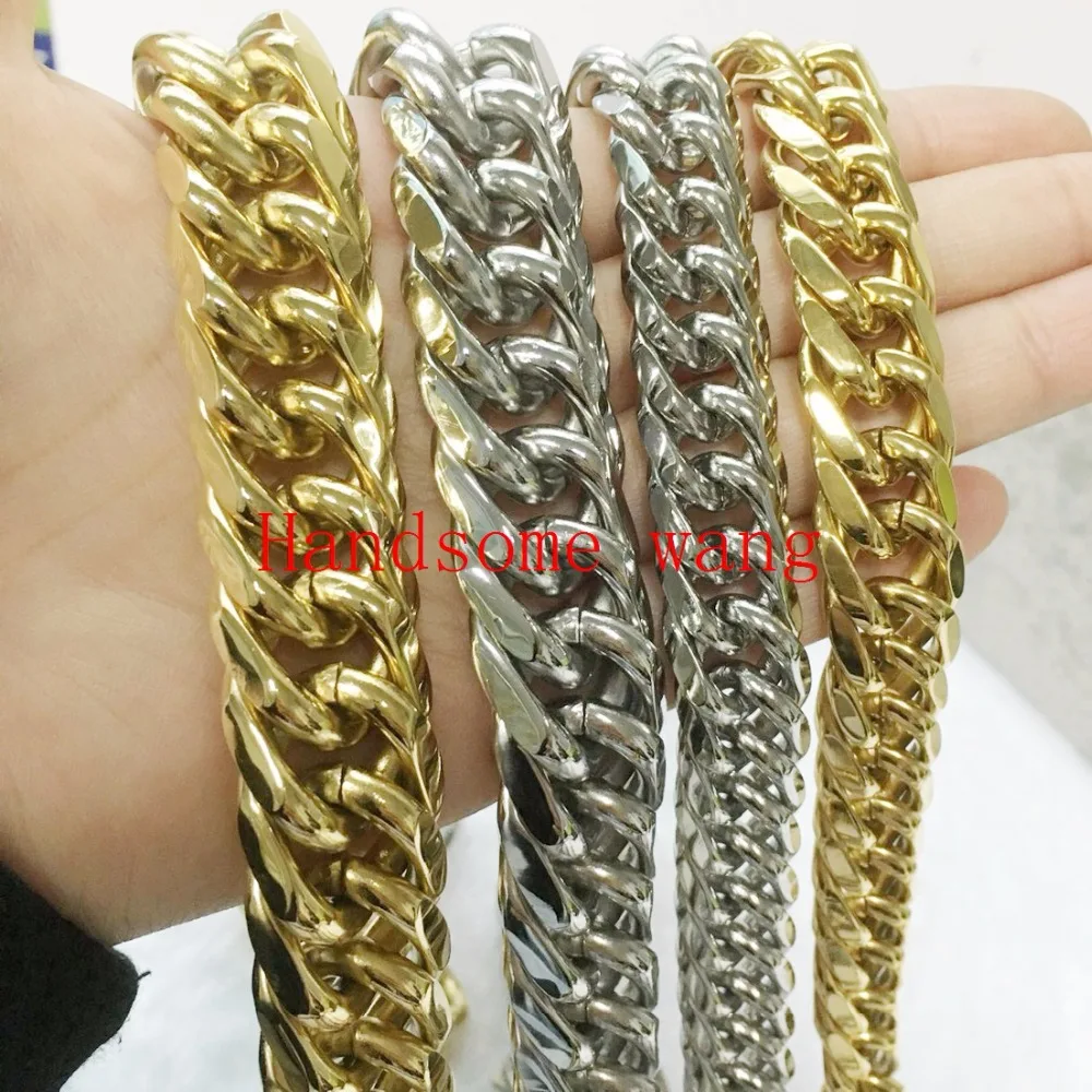 

High Polished 14/19mm CharmingJewelry 316L Stainless Steel Silver Gold Curb Cuban Chain Mens Necklace&Bracelet 7-40" Free Choose