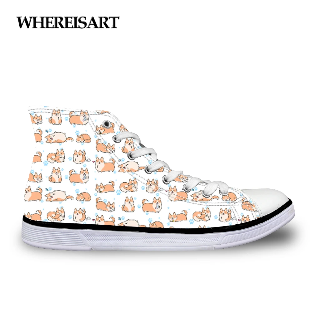 

WHEREISART Cute Corgi Printing Women Vulcanize Shoes for Ladies Flats Casual Lace up Canvas Shoes Adult Sneakers Zapatos Mujer