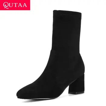 

QUTAA 2020 Stretch Flock Slip on Concise Autumn Winter Women Shoes Fashion Square High Heel Black Elastic Short Boots Size 34-43