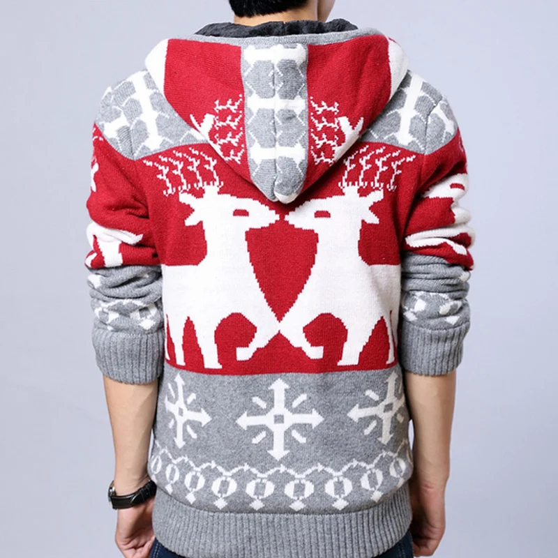 Зимние теплые плотные бархатные пот Для мужчин Slim Fit Рождественская одежда с принтом в виде оленя с капюшоном и застежкой-молнией sweatcoats мужской пальто Outwear2J0072