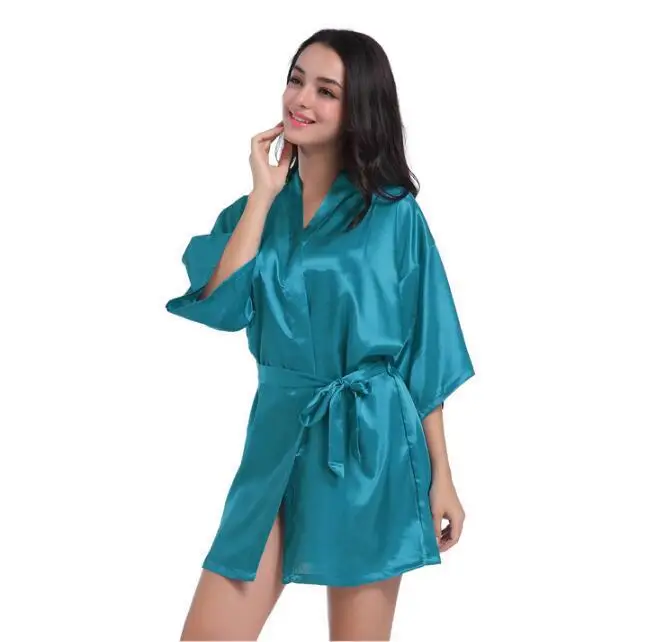 Плюс размер s-xxxl халат из искусственного шелка женские кимоно атласные длинные халаты Сексуальное белье Ночная рубашка Bridemaid пижамы с поясом - Цвет: Short Peacock Blue