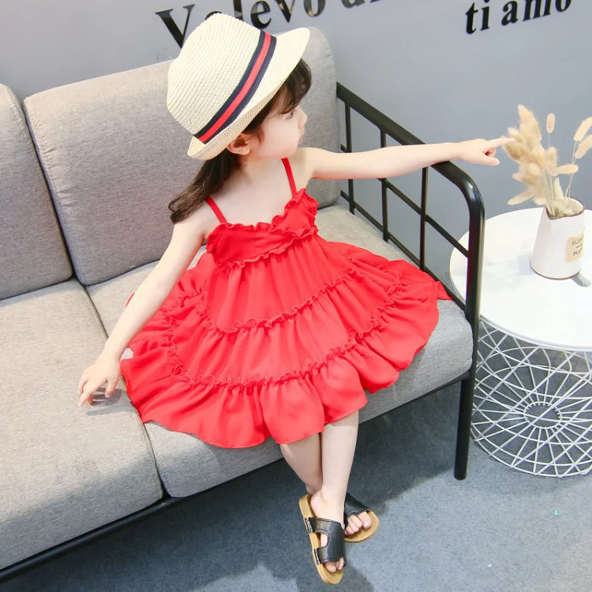 

UK NEW in Fashion Toddler Baby Kids Girl Cute Brief Red Clothes Suspenders Slip Ruffles Dress Casual Cotton Beach Sundress Boho