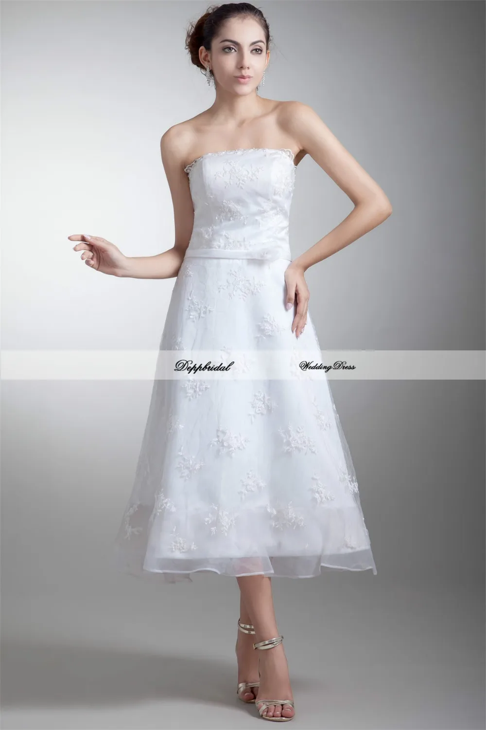 Wholesale Wholesale Lace Strapless A Line Beading Tea length Wedding Dress Custom made Plus size WD83537 Buy Cheap Wholesale Lace Strapless A Line Beading Tea length Wedding Dress Custom made Plus size WD83537