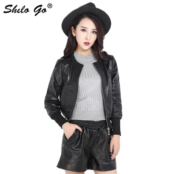 

Spring fashion women high quality locomotive sheepskin round neck stitching screw pattern black short leather jacket 3XL