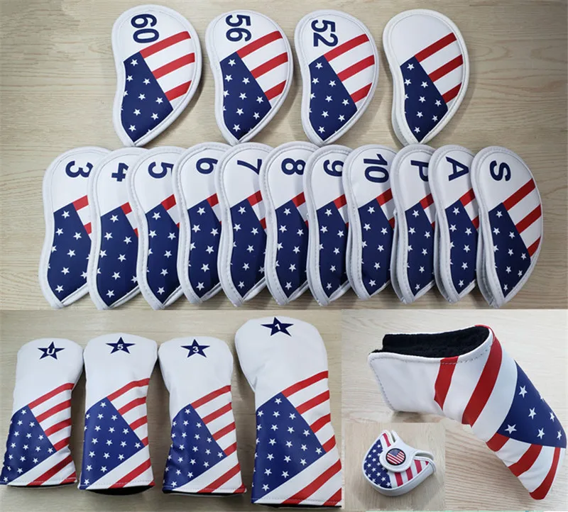 

USA Flag Golf Head Cover For Driver Fairway Woods #3 #5 Hybrid UT Irons Putters Complete Set PU Golf Headcovers Free Shipping