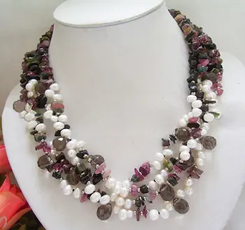 

4Strand White Pearl&Tourmaline&Smoky Crystal Necklace