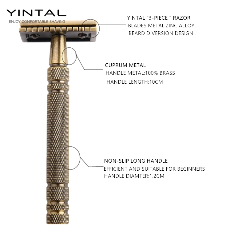Мужская бронзовая Классическая двухсторонняя ручная бритва yinтal с длинной ручкой, безопасная бритва из Латунного цинкового сплава для бритья, 1 Бритва, 5 лезвий