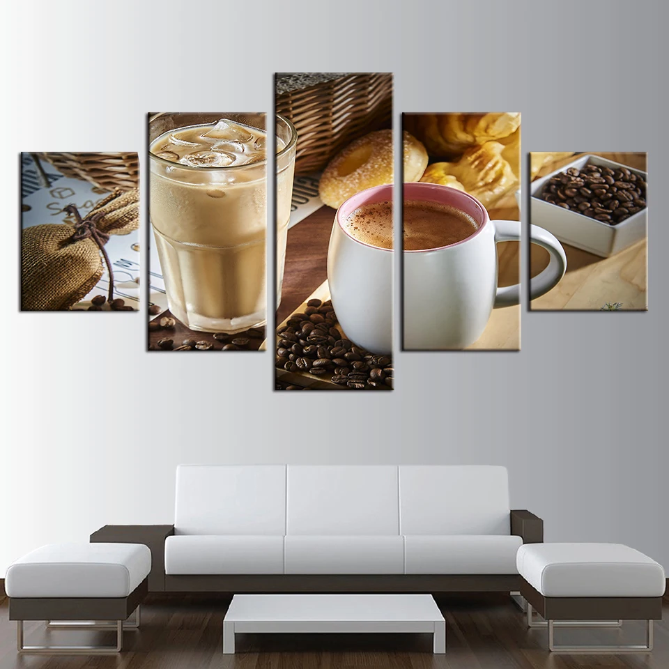

Canvas HD Prints Pictures Home Decor Restaurant 5 Pieces Steaming Coffee Cup Coffee Bean Paintings Kitchen Wall Art Food Posters