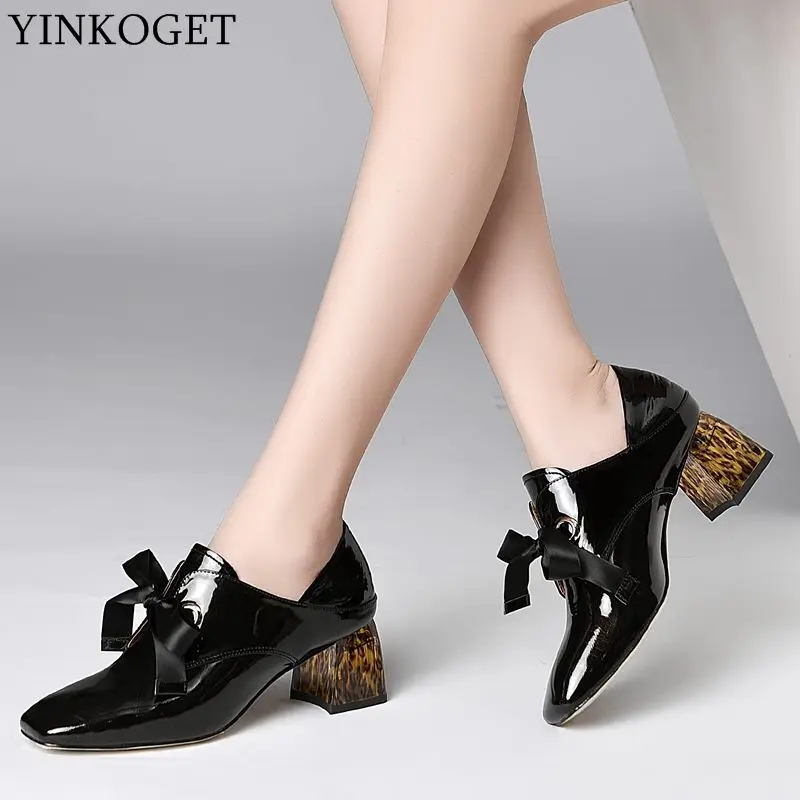 

YINKOGET size:34-42 genuine leather square toe high heels women shoes Leopard heel brand women high heel shoes girls shoes