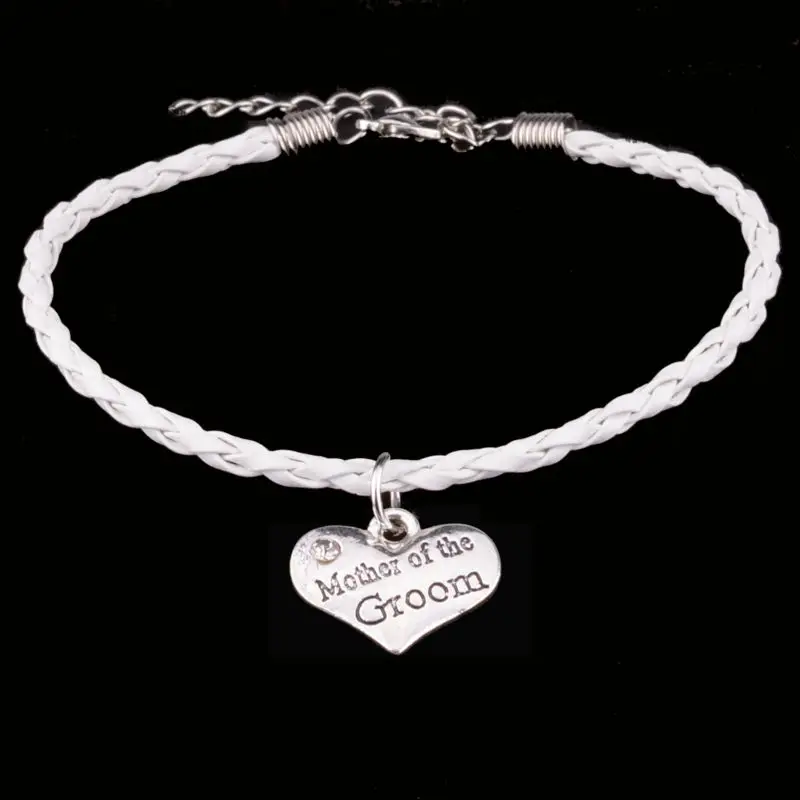 

Mother Of The Groom Heart Crystal Silver Pendant Bangle Bracelet Gifts For Mom White Black Leather Chain Wedding Women Jewelry