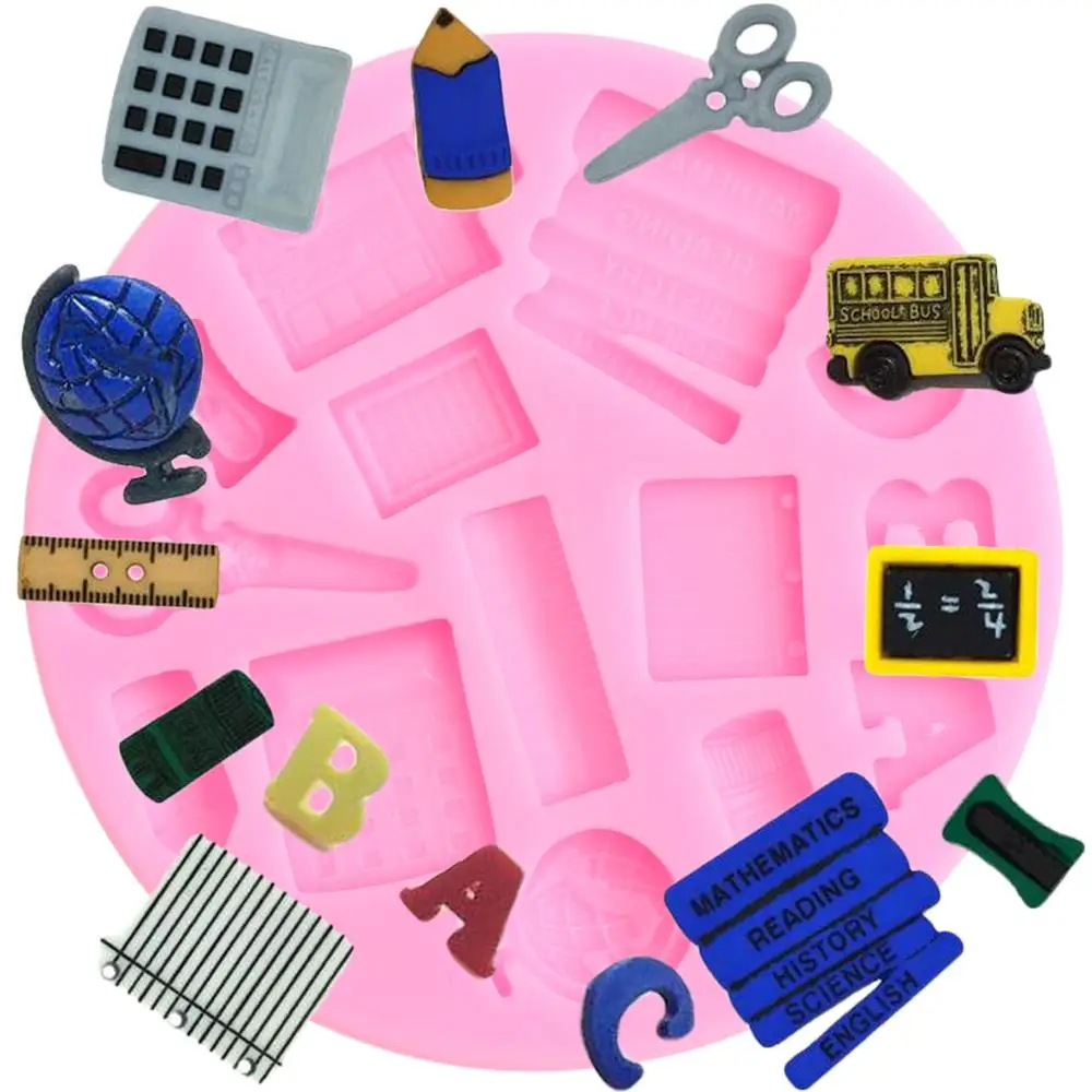 

School Study Tools Silicone Molds Globe Book Scissor Baby Car Ruler Pen Candy Chocolate Fondant Mold DIY Cake Decorating Tools