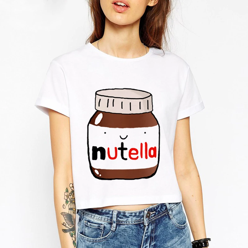 Женские укороченные топы с принтом Nutella милые свободные футболки коротким