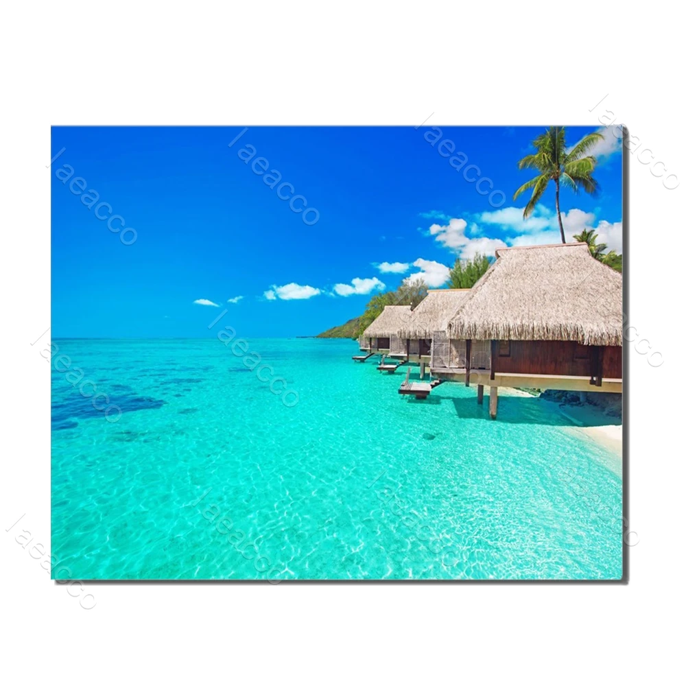 

Laeacco Sea View House Palm Tree Posters and Prints Wall Artwork HD Canvas Painting Living Room Decoration Home Decor No Frame