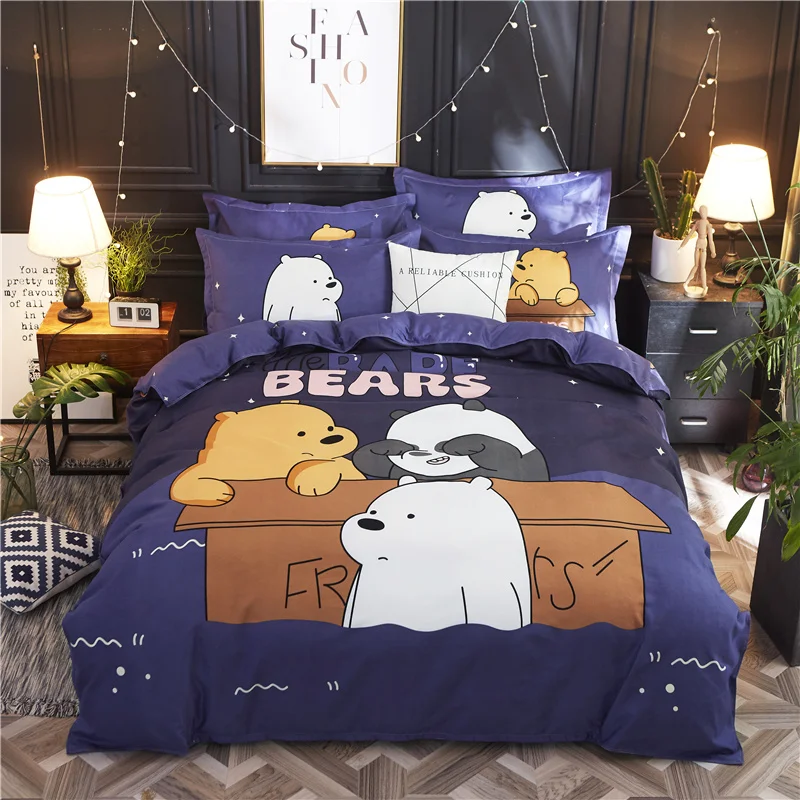 

4 Pcs Brief Style Bed Set Duvet Cover Bed Sheet Pillowcase Cartoon Bears Happy Dog Pig Home Use