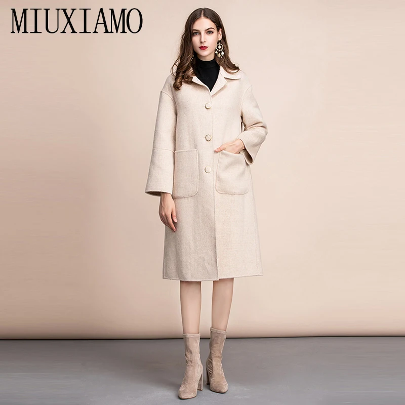 

MIUXIMAO TOP QUALITY 2019 fall Winter coat 100% Pure Wool Single Breasted Eleghant OverCoat Women Long Coat vestidos with Pocket