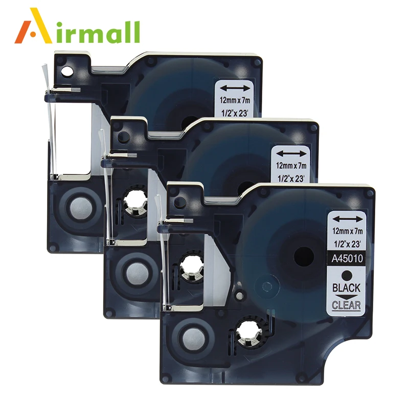 Airmall 3 Pack lot Compatible DYMO D1 Label Tapes 12mm black on clear 45010 for DYMO