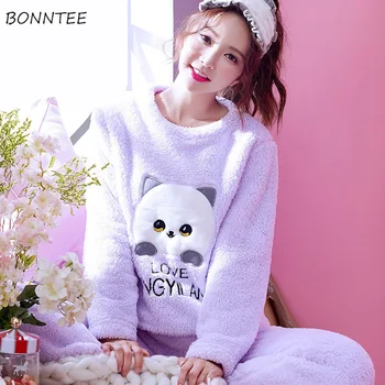 

Pajama Sets Women Cartoon Letter Embroidery Female Sweet Soft Womens Trendy Thicken Warm Elegant Comfortable Daily Clothing Chic