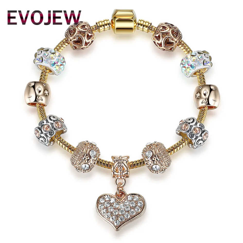 Luxury Crystal Ball Beads Bracelet Gold Color Heart Pendant Charm