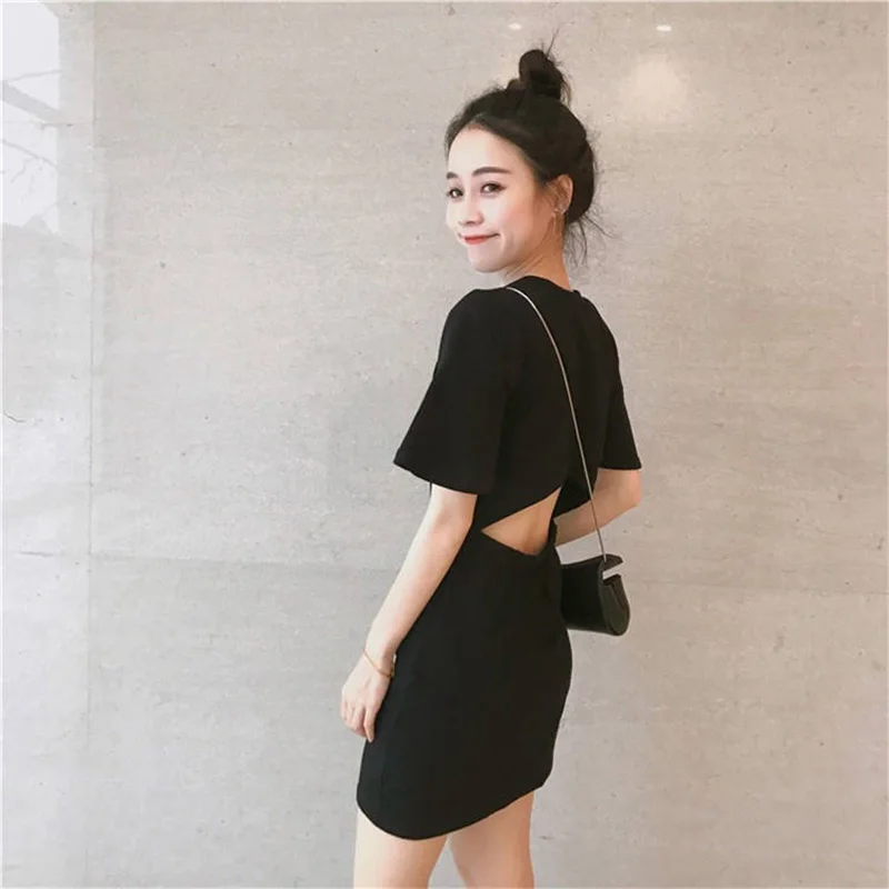 

M-2XL Sheath Sexy Women Hollow Back Black Dress Slim Knee Length Lady Female Short Dresses For Party Wedding Clothing