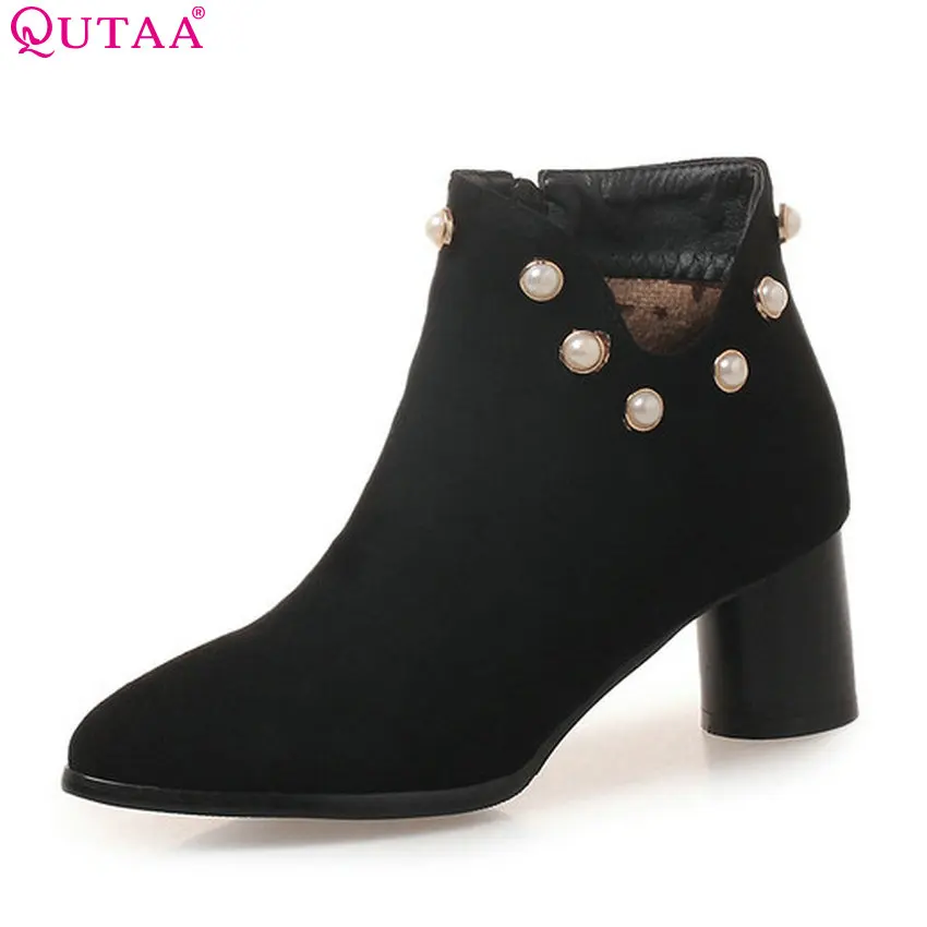 

QUTAA 2019 Women Ankle Boots New Fashion Flock Women Shoes Platform Zipper Pointed Toe Winter Shoes Women Boots Big Size 34-43