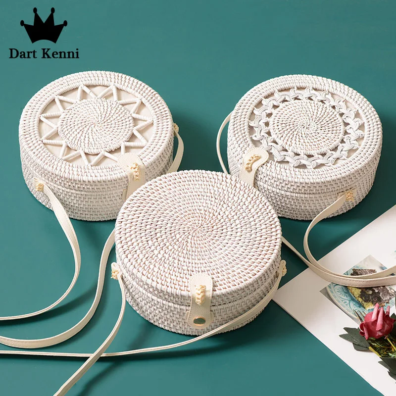 

White Round Rattan Bag Bali Straw Bags For Travel Bohemian Hollow Star Pentagram Lace-up Handmade Woven Shoulder Bag For Women