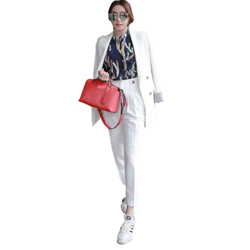 white Work Pants Suits 2 Piece Sets Office Lady Suits Women Outfits Spring 