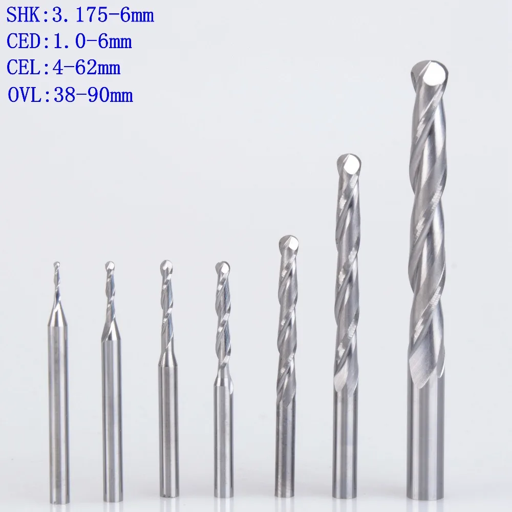 1 шт., 3,175 мм, 4 мм, 6 мм, 2 флейты, спиральная сферическая Концевая фреза с ЧПУ, фрезы для дерева, карбида вольфрама, Фрезерный инструмент