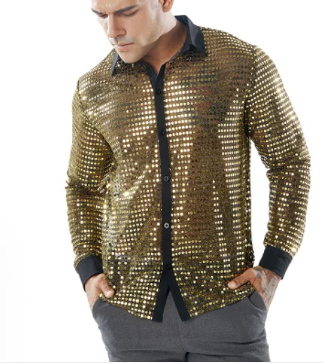 Мужская рубашка серебряные блестки с длинным рукавом кнопка вниз 70s футболка в стиле диско костюм для вечеринки - Цвет: Черный