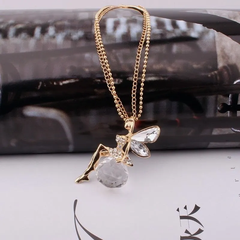 Fashion Women Jewelry Crystal Angel Wings Gold Plated Long Chain Necklace Ahiny Butterfly Fairy Necklace for Girls Birthday Gift