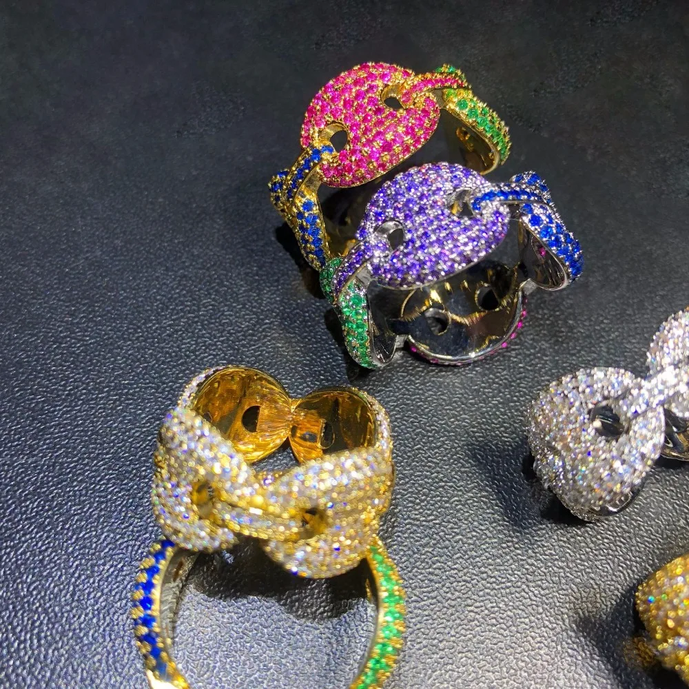 Hip Hop AAA CZ Zircon Paved Bling Iced Out Coffee Beans Rings Marine Link Chain Cubic Ring for Men Women Jewelry Dropship | Украшения и
