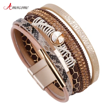 

Amorcome Multilayer Leather Bracelets For Women Female Summer Trendy Design Metal Charm Wide Bracelets & Bangles Female Jewelry