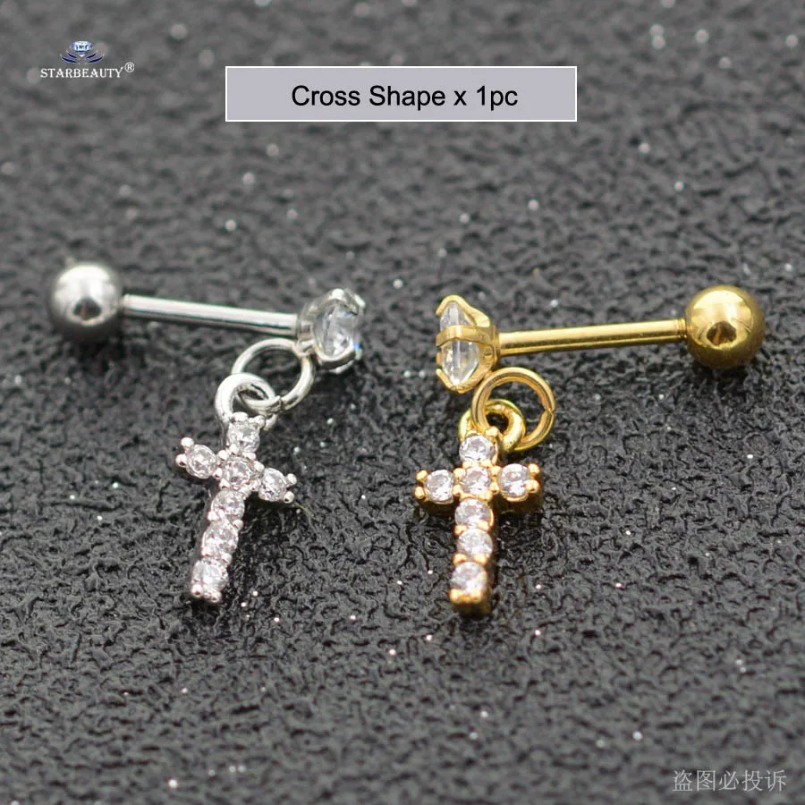 1pc Heart Star Gem Dangle Piercing Cartilage Earrings for Women Cross Helix Piercing Tragus Earrings Cuff Fake Piercing Jewelry - Окраска металла: Cross