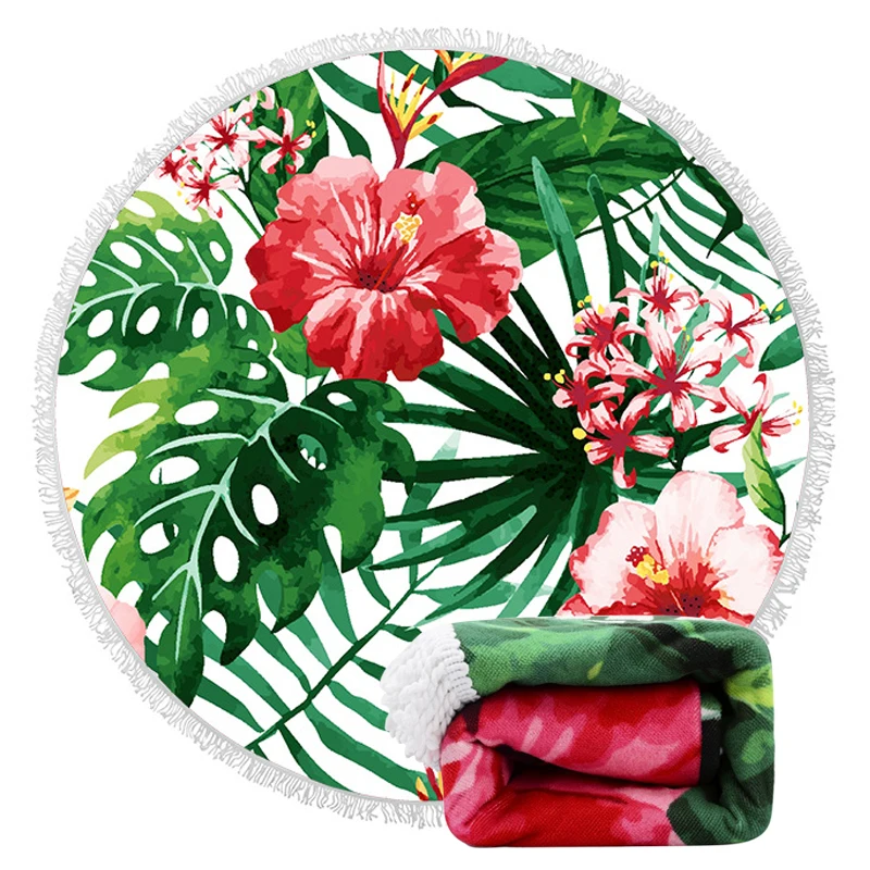 

Round Tropical Palm Beach Towel Thick Water Absorbent Picnic Blanket Large Microfiber Circle Yoga Mat with Fringe for Women