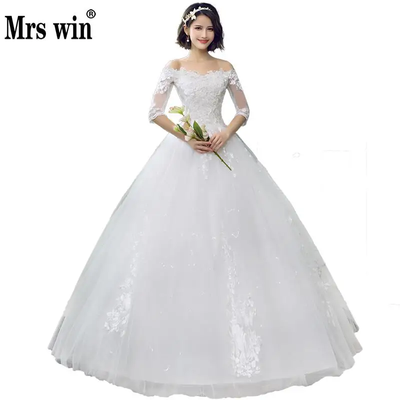 2019 Mrs Win China Cheap Wedding Dress Half Sleeve Sexy Boat Neck