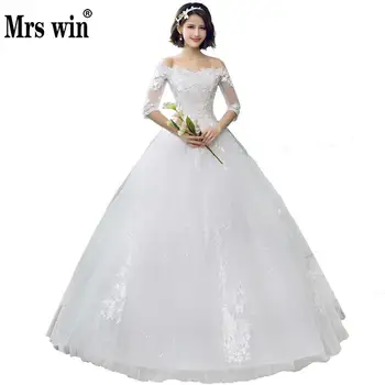 

2020 Mrs Win China Cheap Wedding Dress Half Sleeve Sexy Boat Neck Vintage Wedding Dresses Lace Up Princess Wedding Gown