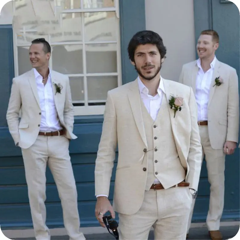 Летние бежевые льняные свадебные костюмы, пляжные смокинги для жениха, 3 предмета(пиджак+ брюки+ жилет), мужские костюмы для жениха, лучший мужской блейзер