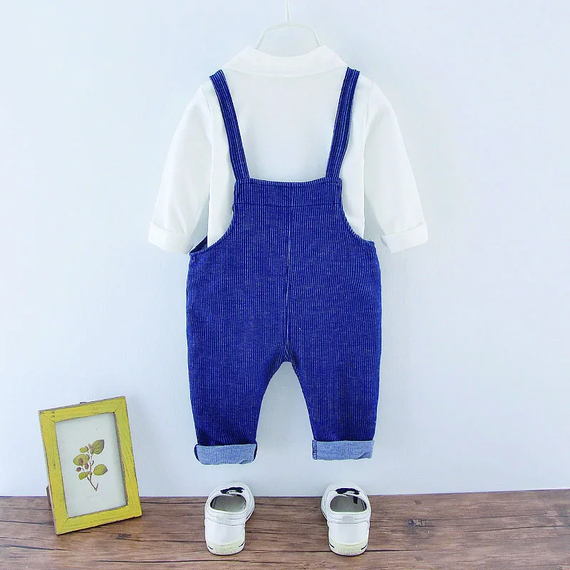 Children Concise Casual Pineapple Decor Long Sleeve Solid Color Lapel T-shirts Overalls 2pcs Cotton Toddler Unisex Set 0-4Y