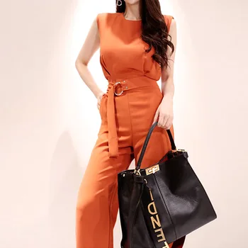 

Summer Sleeveless Vest Women Cloth Sashes Straight Casual Orange Solid Casual Jumpsuit