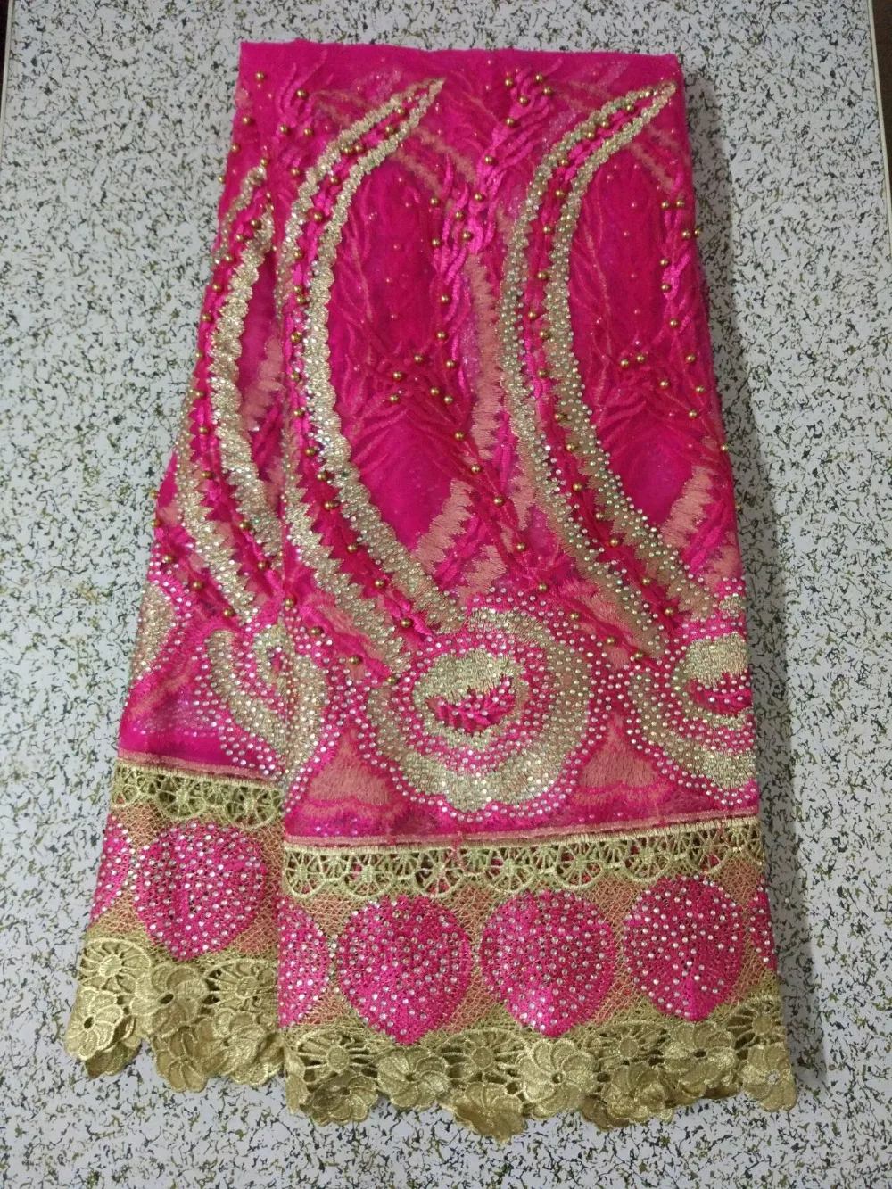 

5Yards/pc Beautiful fuchsia french net lace flower embroidery with rhinestone and beads african mesh lace fabric for dress LE7