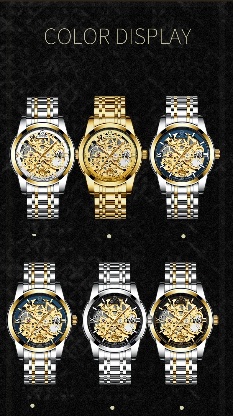 Watches Mens 2019 NOBJN N905D Mechanical Watch Hollow Skeleton Watch Waterproof Luminous Hands Automatic Watch Men Gold Hour (2)